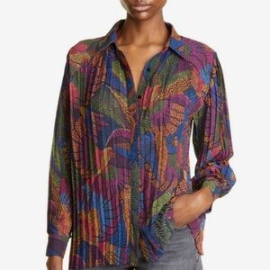Farm Rio Dotted Macaw Pleated Button-Up Blouse Top Shirt Size M $198